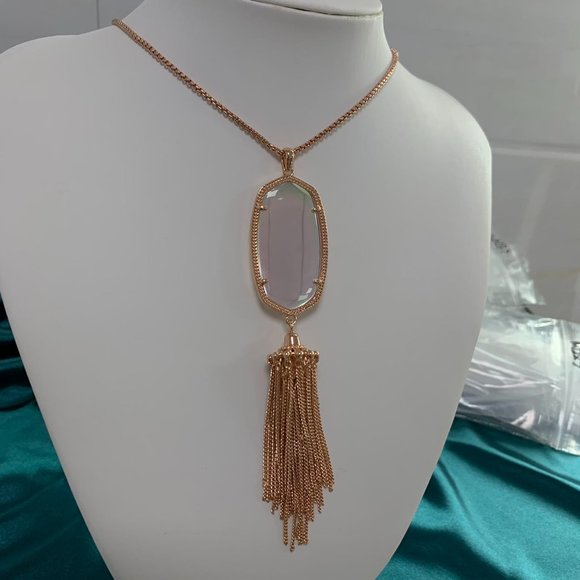 Kendra Scott Rayne Rose Gold Long Pendant Necklace Dichroic Glass - Picture 9 of 15